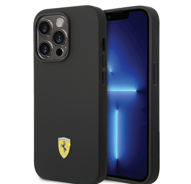 Ferrari Liquid Silicone Case with Black Camera Outline & Metal Logo iPhone 14 Pro Compatibility - Black