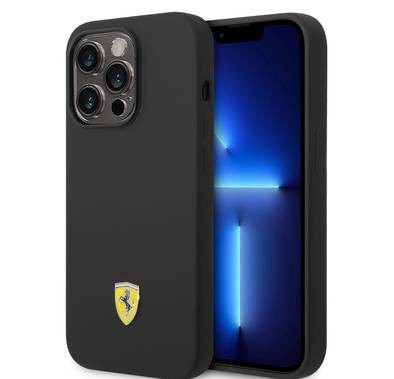 CG Ferrari Magsafe Compatibility Liquid Silicone Case with Metal Yellow Logo Shield iPhone 14 Pro Compatibility - Black