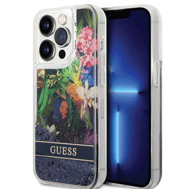 Guess Liquid Glitter Case with Flower Pattern Extra Shine Smooth Touch Feel iPhone 14 Pro Compatibility - Blue