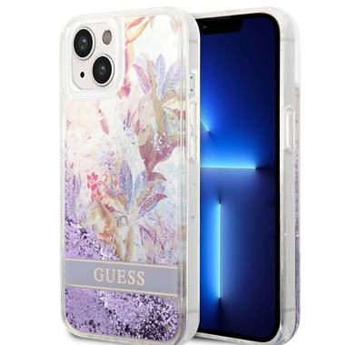 Guess Liquid Glitter Case with Flower Pattern Extra Shine Smooth Touch Feel iPhone 14 Compatibility - Purple