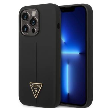 Guess Liquid Silicone Case with Shiny Line & Metal Triangle Tone Logo iPhone 14 Pro Max Compatibility - Black