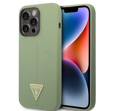 Guess Liquid Silicone Case with Shiny Line & Metal Triangle Tone Logo iPhone 14 Pro Max Compatibility - Green