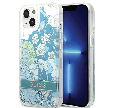 Guess Liquid Glitter Case with Flower Pattern Extra Shine Smooth Touch Feel iPhone 14 Plus Compatibility - Green