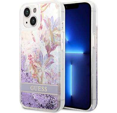 Guess Liquid Glitter Case with Flower Pattern Extra Shine Smooth Touch Feel iPhone 14 Plus Compatibility - Purple