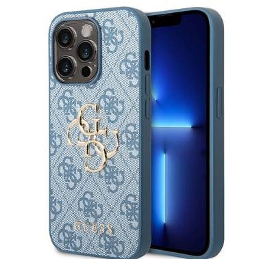 Guess PU Leather 4G Classic and Stylish Case with Big Metal Logo iPhone 14 Pro Compatibility - Blue