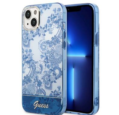 Guess PC/TPU IML Case With Double Layer Electroplated Camera Outline & Toile De Jouy - iPhone 14 - Blue