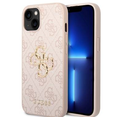 Guess PU Leather 4G Classic and Stylish Case with Big Metal Logo iPhone 14 Plus Compatibility - Pink