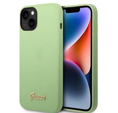 Guess Liquid Silicone Case With PC Camera Outline & Script Metal Logo - iPhone 14 Plus - Green