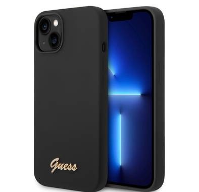 Guess Liquid Silicone Case With PC Camera Outline & Script Metal Logo - iPhone 14 Plus - Black