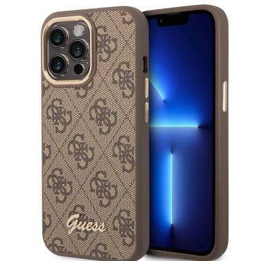 Guess PC/TPU 4G PU Case with Metal Camera Outline & Buttons iPhone 14 Pro Compatibility - Brown