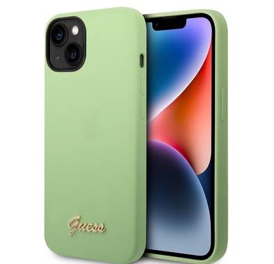 Guess Liquid Silicone Case With PC Camera Outline & Script Metal Logo - iPhone 14 - Green