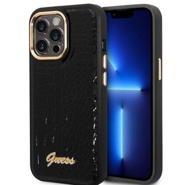 Guess PU Croco Case with Metal Camera Outline, Latest Design iPhone 14 Pro Max Compatibility - Black