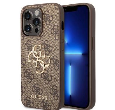 Guess PU Leather 4G Classic and Stylish Case with Big Metal Logo iPhone 14 Pro Compatibility - Brown