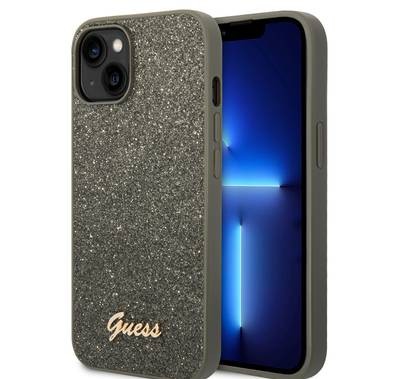 Guess PC/TPU Glitter Flakes Case with Script Metal Logo iPhone 14 Compatibility - Green