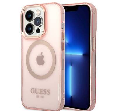 Guess Magsafe Case With Translucent Gold Outline - iPhone 14 Pro - Pink