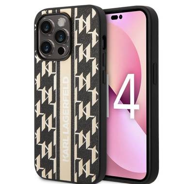 Karl Lagerfeld Grained PU Leather Case with Monogram Pattern & Vertical Logo Compatble iPhone 14 Pro Max Compatibility - Brown