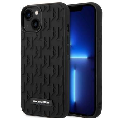 Karl Lagerfeld Case with 3D Rubber Monogram Pattern & Metal Plate Logo iPhone 14 Compatibility - Black