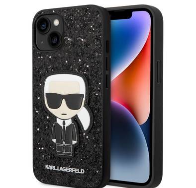 Karl Lagerfeld Glitter Flakes Case with Ikonik Patch Shockproof iPhone 14 Compatibility - Black