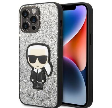 Karl Lagerfeld Glitter Flakes Case with Ikonik Patch Shockproof iPhone 14 Pro Max Compatibility - Silver