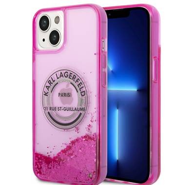 Karl Lagerfeld Liquid Glitter Case Silicone Round RSG Logo Ultra-Thin iPhone 14 Compatibility - Pink