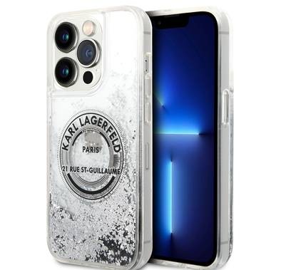 Karl Lagerfeld Liquid Glitter Case Silicone Round RSG Logo Ultra-Thin iPhone 14 Pro Compatibility - Silver