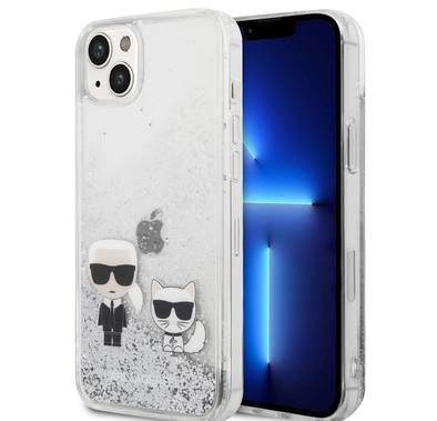 Karl Lagerfeld Liquid Glitter Silicone Case Karl and Choupette Protector iPhone 14 Plus Compatibility - Silver