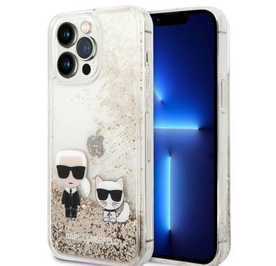 Karl Lagerfeld Liquid Glitter Silicone Case Karl and Choupette Protector iPhone 14 Pro Max Compatibility - Gold