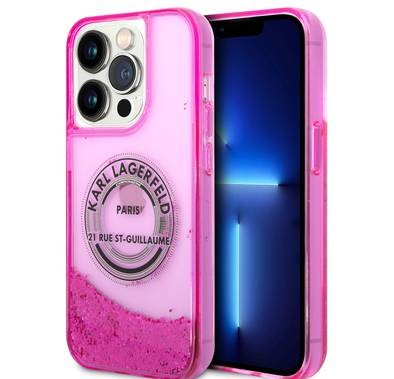 Karl Lagerfeld Liquid Glitter Case Silicone Round RSG Logo Ultra-Thin iPhone 14 Pro Max Compatibility - Pink