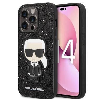 Karl Lagerfeld Glitter Flakes Case with Ikonik Patch Shockproof iPhone 14 Pro Compatibility - Black