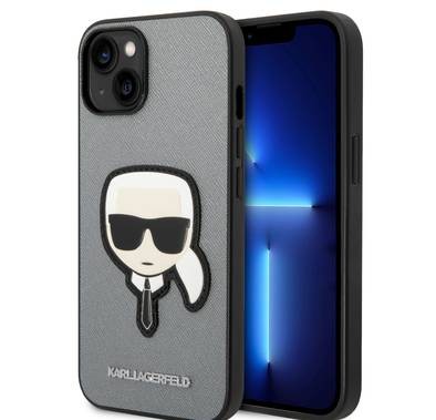 Karl Lagerfeld PU Saffiano Case with Karl Head Patch Ultra-Thin iPhone 14 Plus Compatibility - Silver