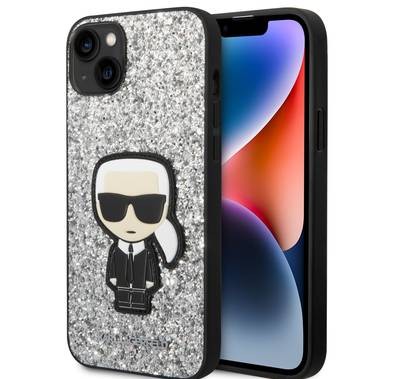 Karl Lagerfeld Glitter Flakes Case with Ikonik Patch Shockproof iPhone 14 Plus Compatibility - Silver