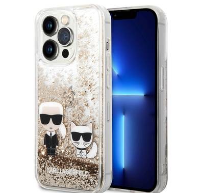 Karl Lagerfeld Liquid Glitter Silicone Case Karl and Choupette Protector iPhone 14 Pro Compatibility - Gold