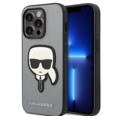 Karl Lagerfeld PU Saffiano Case with Karl Head Patch Ultra-Thin iPhone 14 Pro Compatibility - Silver