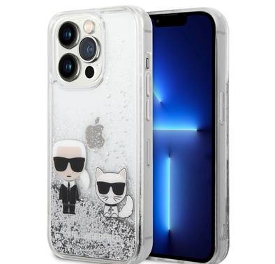 Karl Lagerfeld Liquid Glitter Silicone Case Karl and Choupette Protector iPhone 14 Pro Compatibility - Silver