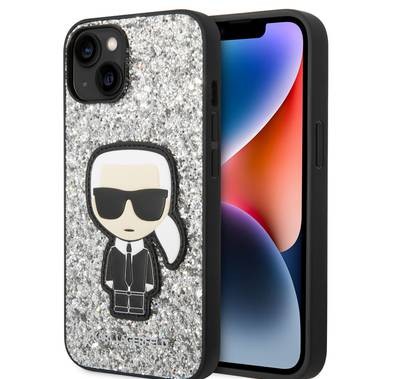 Karl Lagerfeld Glitter Flakes Case with Ikonik Patch Shockproof iPhone 14 Compatibility - Silver