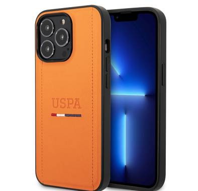 USPA PU Leather Case with Tricolor Stitches & Initials Full Protection iPhone 14 Pro Compatibility - Orange