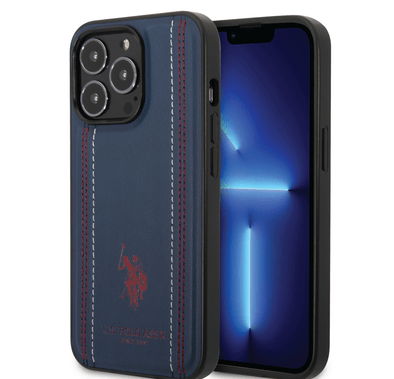 USPA PU Leather Case with Stitched Lines Double Line & Horse Logo iPhone 14 Pro Max Compatibility - Navy