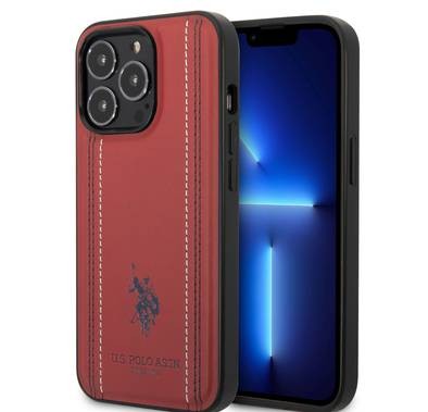 USPA PU Leather Case with Stitched Lines Double Line & Horse Logo iPhone 14 Pro Compatibility - Red