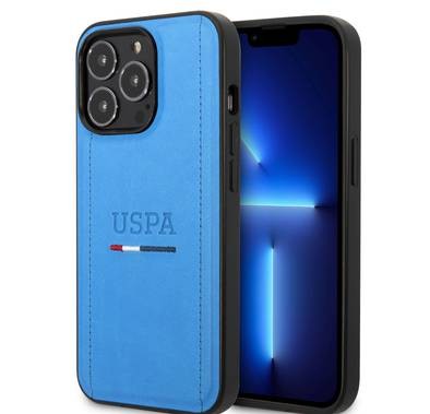 USPA PU Leather Case with Tricolor Stitches & Initials Full Protection iPhone 14 Pro Compatibility - Blue