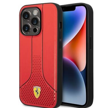 جراب Ferrari جلد PU ناعم ومثقوب لهاتف iPhone 14 Pro Max - أحمر