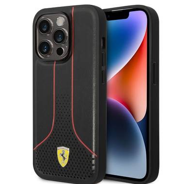 جراب Ferrari جلد PU ناعم ومثقوب لهاتف iPhone 14 Pro Max - أسود