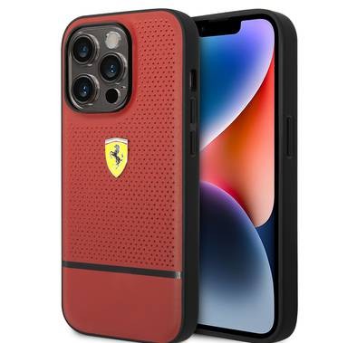 جراب Ferrari جلد أصلي مثقوب وخط متباين سفلي لهاتف iPhone 14 Pro - أحمر