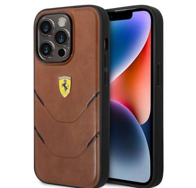 جراب Ferrari جلد PU Hot Stamp بخطوط متباينة iPhone 14 Pro - بني