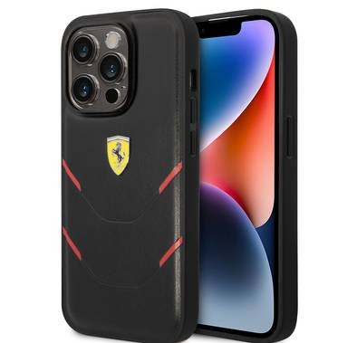 جراب Ferrari جلد PU Hot Stamp بخطوط متباينة iPhone 14 Pro - أسود