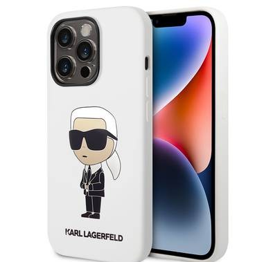 جراب Karl Lagerfeld Magsafe السائل من السيليكون مع شعار Ikonik NFT لهاتف iPhone 14 Pro - أبيض