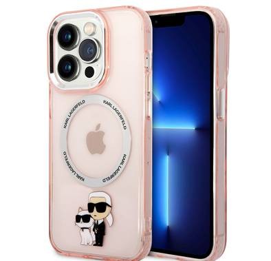 Karl Lagerfeld Magsafe IML Metal Outline NFT Karl &amp; Choupette Translucent Logo iPhone 14 Pro Max - القرنفل