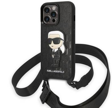 Karl Lagerfeld Crossbody Strap Case Monogram With NFT Ikonik Patch iPhone 14 Pro Max - Black