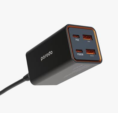 Porodo 65W GaN 4 Ports Desktop Charger Dual USB-C & USB-A Quick Charge - Black