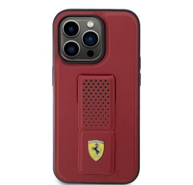 جراب Ferrari HC Grip مزود بشعار معدني ومخرم - iPhone 14 Pro - أحمر