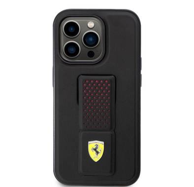 جراب Ferrari HC Grip مزود بشعار معدني ومخرم - iPhone 14 Pro - أسود